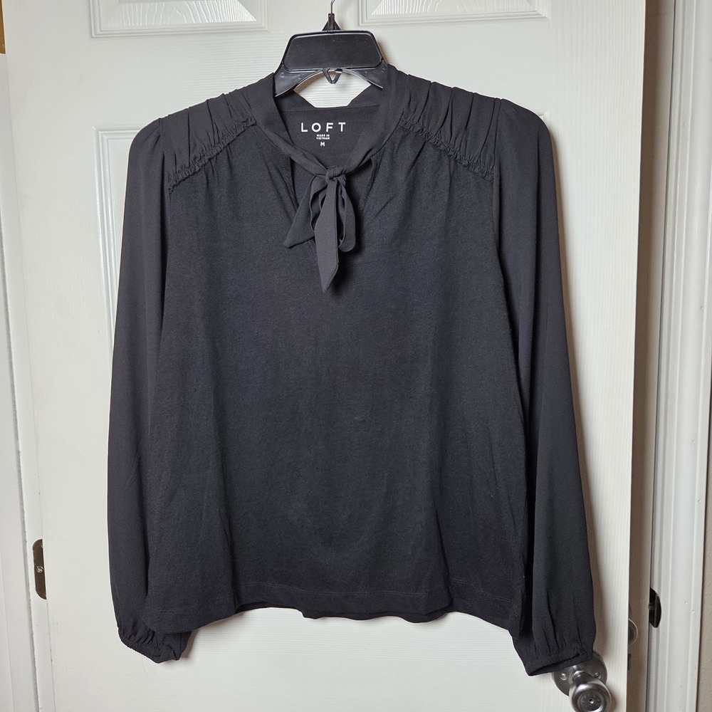 Loft sz M black basic top NWT long sleeves tie neck accent casual career